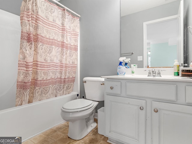 full bathroom with vanity, shower / bath combination with curtain, and toilet