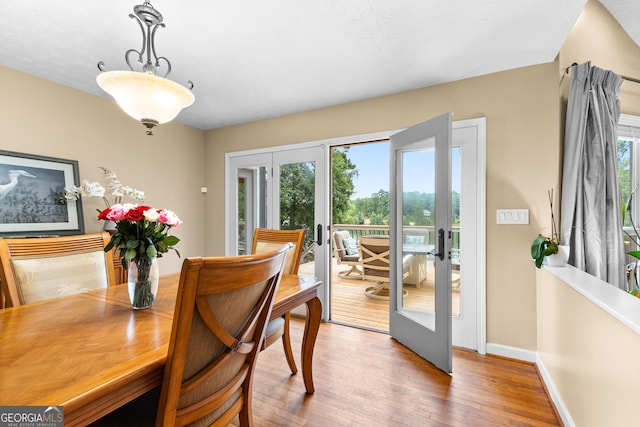 dining space featuring a healthy amount of sunlight, hardwood / wood-style floors, and french doors