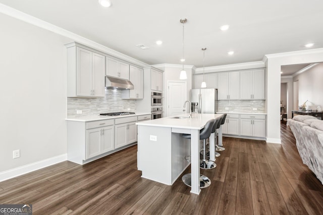 kitchen with sink, hanging light fixtures, dark hardwood / wood-style flooring, an island with sink, and stainless steel appliances