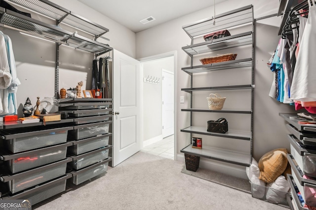 walk in closet with light colored carpet