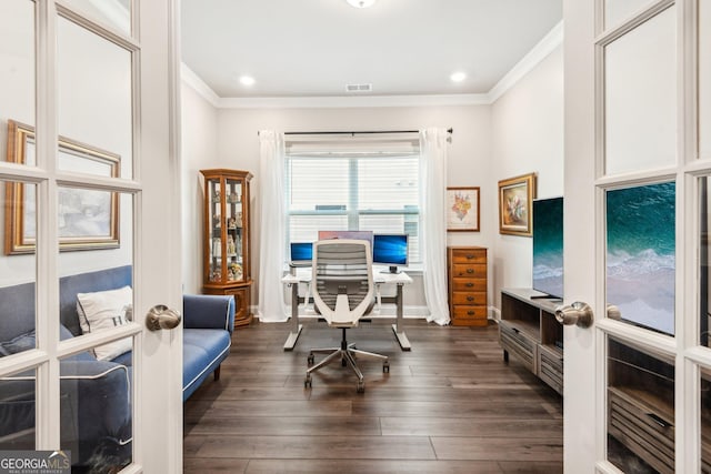 office space with crown molding, dark hardwood / wood-style floors, and french doors