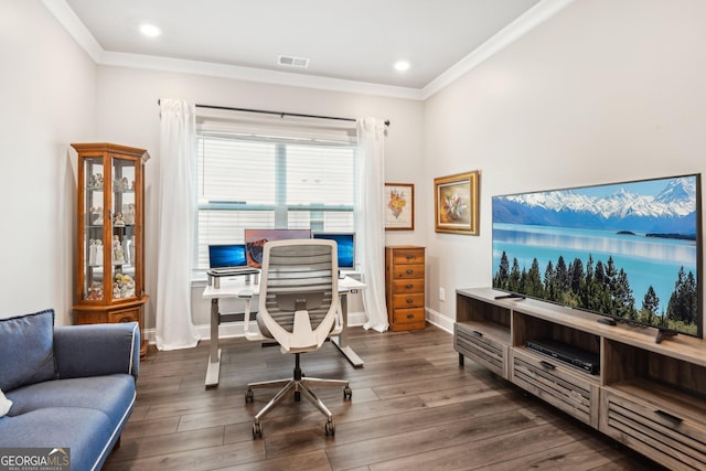 office featuring crown molding and dark wood-type flooring