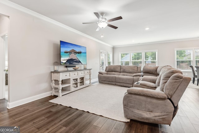 living room with hardwood / wood-style flooring, crown molding, and ceiling fan