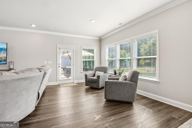 interior space with crown molding and dark wood-type flooring