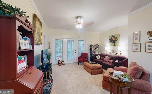 living room with light colored carpet, ornamental molding, and ceiling fan