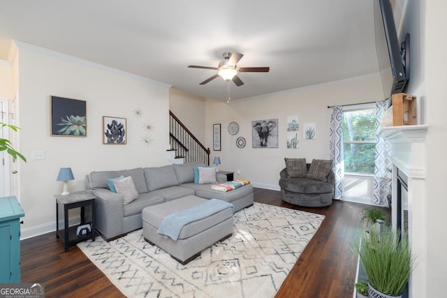 living room with dark hardwood / wood-style flooring, ornamental molding, and ceiling fan