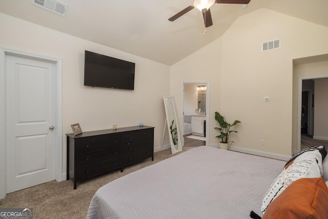 carpeted bedroom featuring ceiling fan, connected bathroom, and high vaulted ceiling