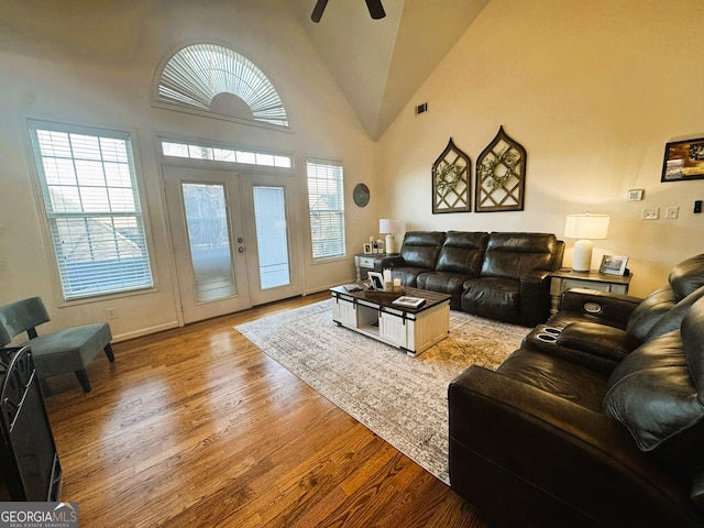 living room featuring french doors, wood-type flooring, high vaulted ceiling, and a wealth of natural light