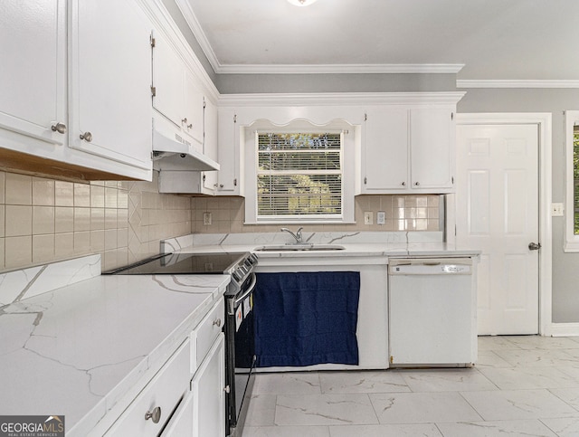 kitchen with electric range oven, dishwasher, marble finish floor, under cabinet range hood, and a sink