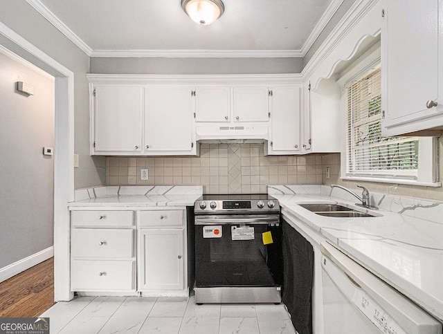kitchen featuring white dishwasher, under cabinet range hood, a sink, white cabinets, and stainless steel electric range