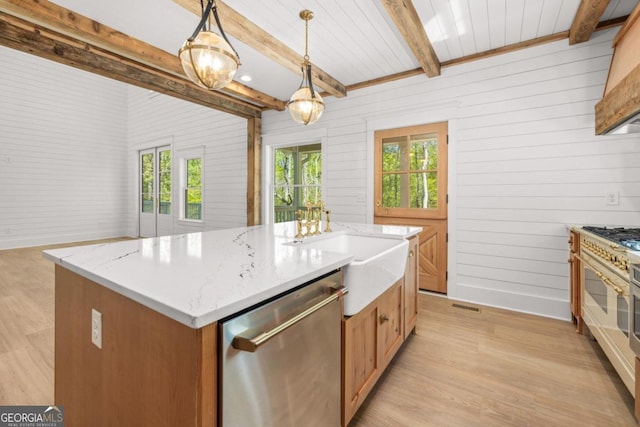 4226 Quail Creek Dr, Flowery Branch, GA 30542 - kitchen featuring stainless steel dishwasher, beamed ceiling, light wood-style floors, wood walls, and hanging light fixtures
