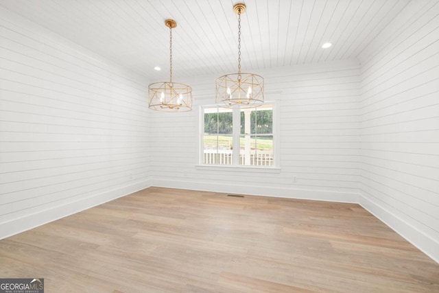 4226 Quail Creek Dr, Flowery Branch, GA 30542 - unfurnished dining area with a chandelier, wood ceiling, light wood finished floors, and recessed lighting