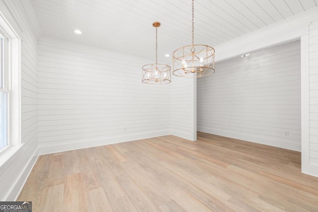 4226 Quail Creek Dr, Flowery Branch, GA 30542 - unfurnished room featuring a chandelier, wood walls, light wood-style floors, recessed lighting, and wood ceiling