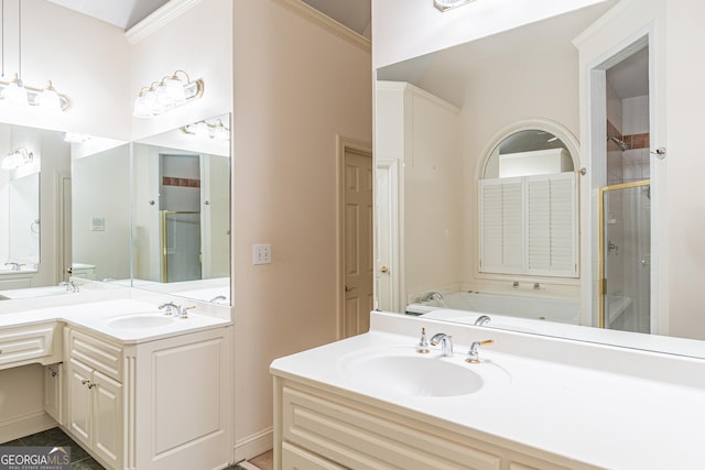 bathroom with vanity and plus walk in shower