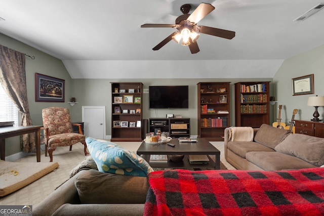 living room featuring lofted ceiling and ceiling fan