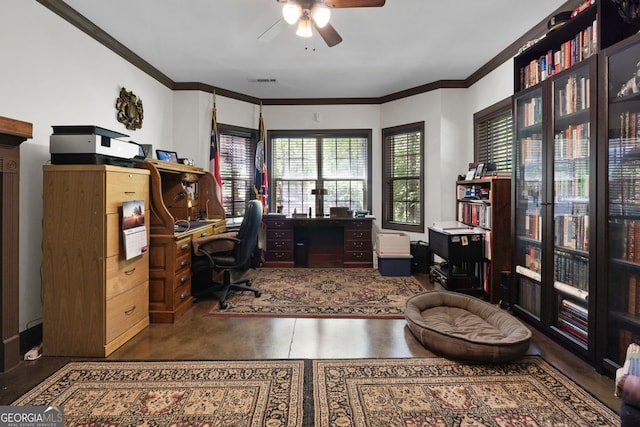 office area with ceiling fan and ornamental molding