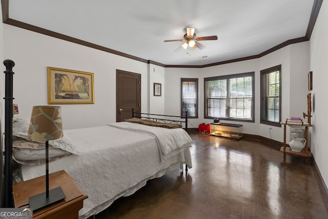 bedroom with concrete flooring, crown molding, and ceiling fan