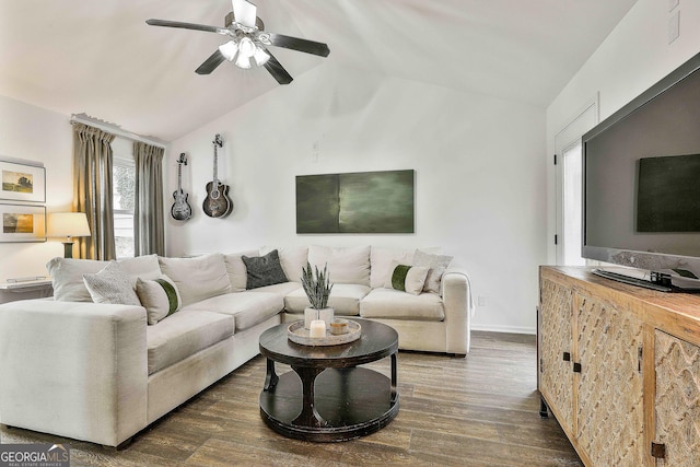 living room with ceiling fan, lofted ceiling, and dark hardwood / wood-style flooring