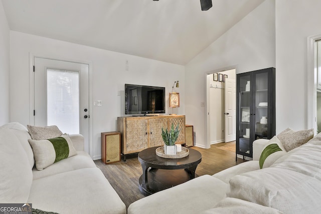 living room with lofted ceiling and dark hardwood / wood-style floors