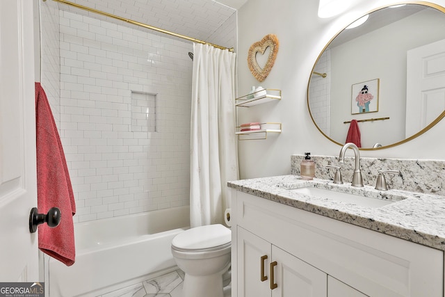 full bathroom with vanity, toilet, and shower / bath combo with shower curtain