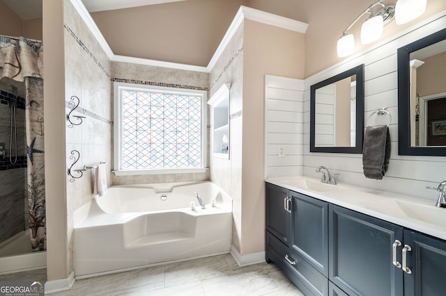 bathroom featuring vanity, separate shower and tub, and ornamental molding