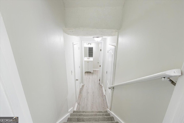 staircase with hardwood / wood-style floors