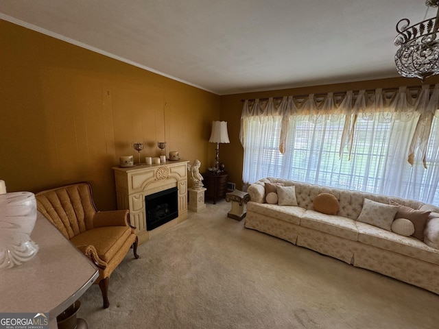 living room with light colored carpet and ornamental molding