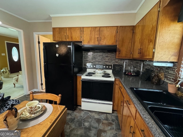 kitchen featuring sink, extractor fan, black refrigerator, ornamental molding, and range with electric cooktop