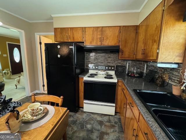 kitchen with range with electric cooktop, black refrigerator, sink, backsplash, and ornamental molding