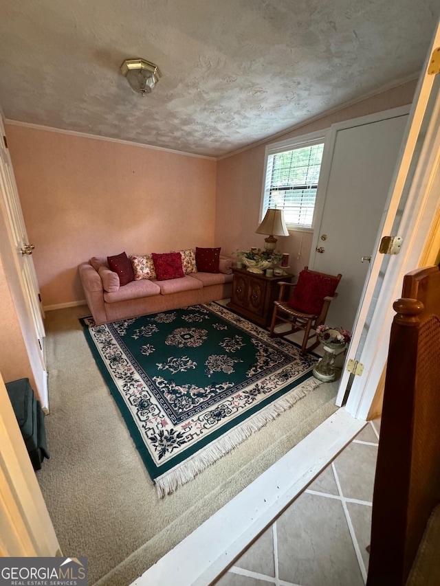 carpeted living room featuring a textured ceiling