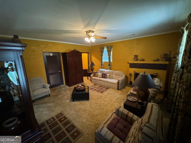 living room featuring crown molding, carpet floors, and ceiling fan