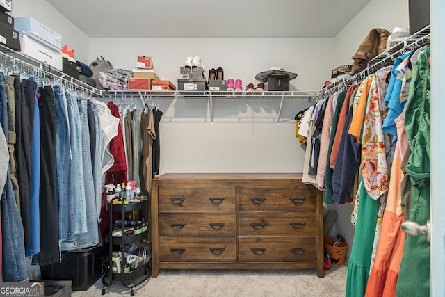 spacious closet featuring light carpet