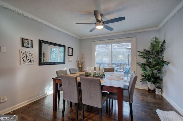 dining space with ceiling fan, crown molding, dark hardwood / wood-style floors, and a textured ceiling