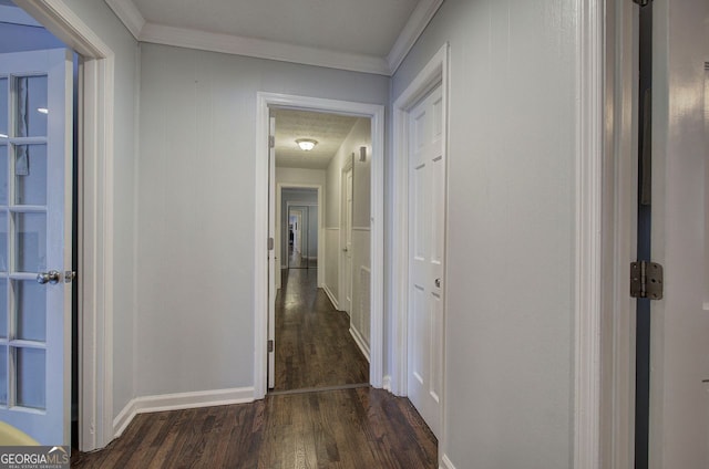 hallway featuring crown molding and dark hardwood / wood-style floors