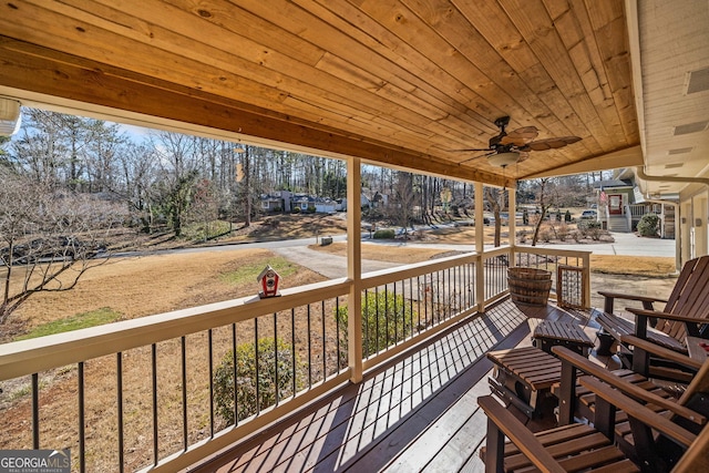 wooden terrace featuring ceiling fan