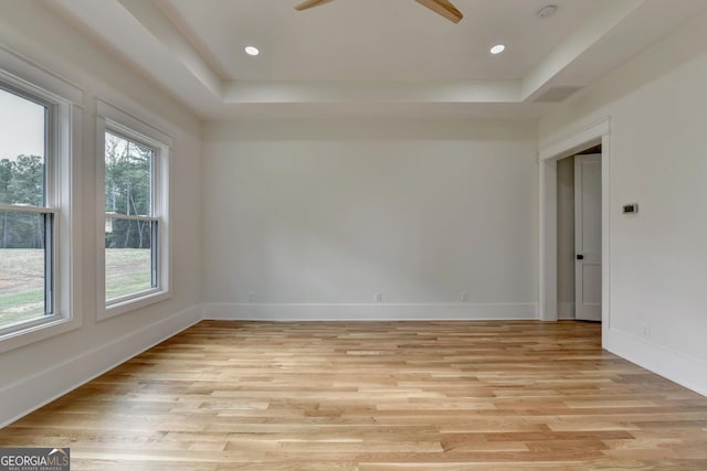 unfurnished room featuring a raised ceiling and light hardwood / wood-style floors