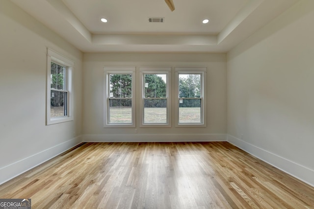 unfurnished room with a raised ceiling and light hardwood / wood-style floors