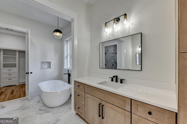 bathroom with vanity and independent shower and bath