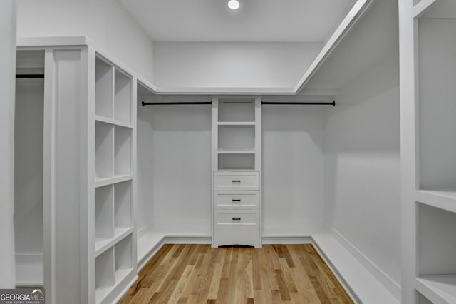 spacious closet featuring a barn door and light hardwood / wood-style flooring