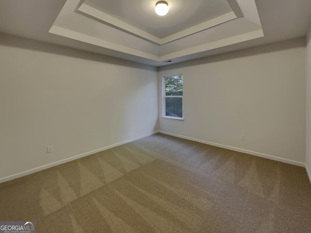 carpeted empty room featuring a tray ceiling