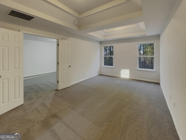 empty room featuring a raised ceiling and carpet