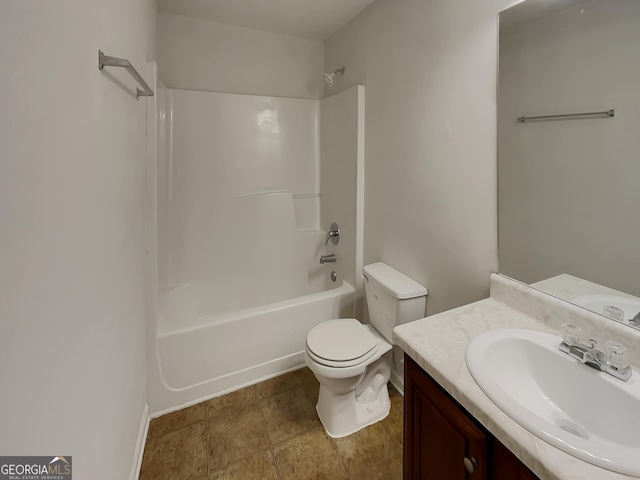 full bathroom featuring vanity, bathtub / shower combination, and toilet