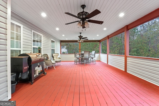 deck with ceiling fan and grilling area