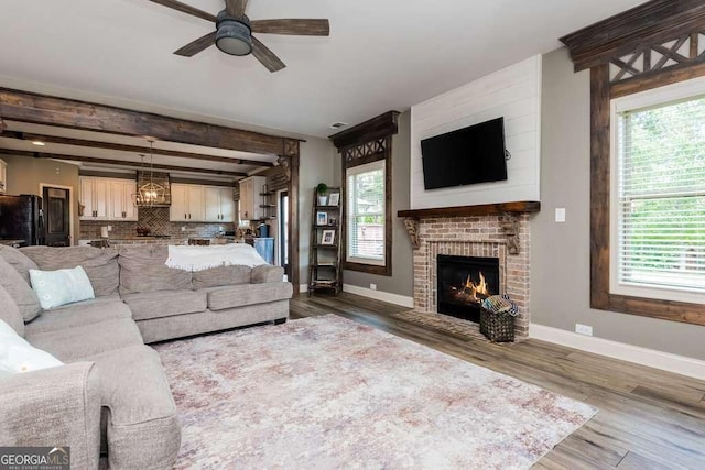 living room with hardwood / wood-style flooring, ceiling fan, plenty of natural light, and a fireplace