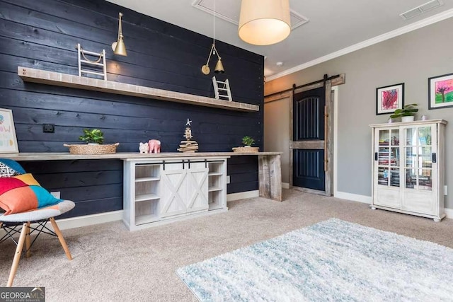 bar featuring hanging light fixtures, crown molding, a barn door, and carpet floors