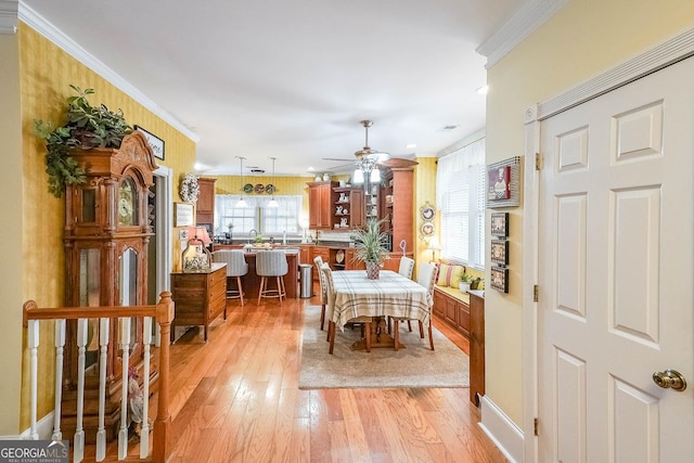 dining area with crown molding, ceiling fan, and light wood-type flooring