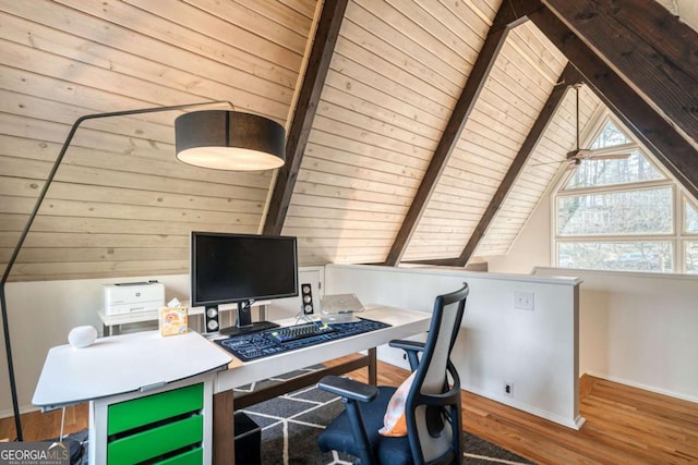 home office with wood ceiling, wood-type flooring, and lofted ceiling with beams