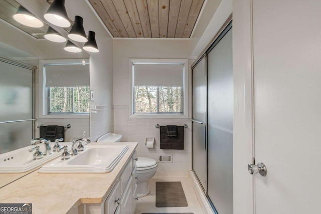 bathroom with vanity, a wealth of natural light, a shower with shower door, and toilet