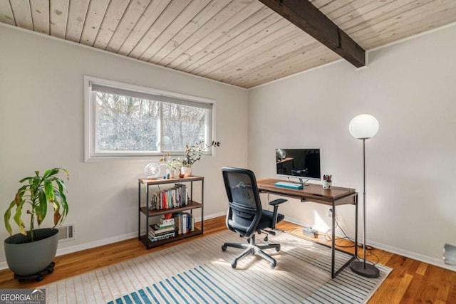 office space featuring hardwood / wood-style floors, wooden ceiling, and beamed ceiling