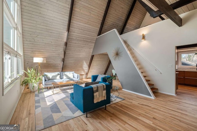 living room featuring wood ceiling, beam ceiling, high vaulted ceiling, and light wood-type flooring